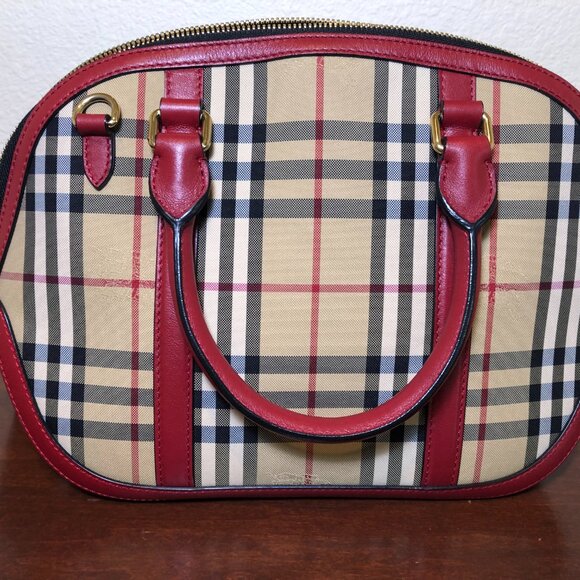 BURBERRY Horseferry Checkered Canvas and Leather Tote Bowling Bag Red/Beige - Picture 2 of 16